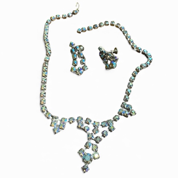 Coro Blue AB Crystal Set Choker Necklace Screw Back Earrings Demi Parrure - Picture 6 of 16